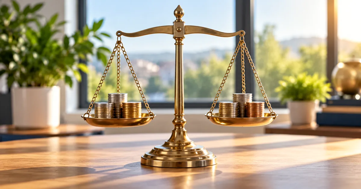 Brass balance scale holding stacks of coins on both sides, illustrating the balance between advertising costs and affiliate earnings.
