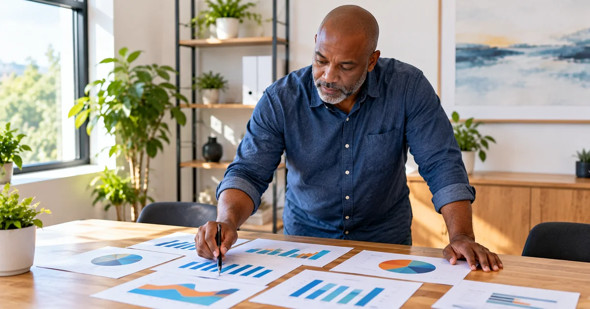 Older business professional reviewing printed bar charts and financial reports to evaluate campaign performance and advertising results.