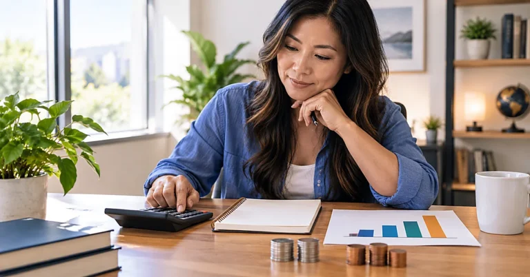 Asian woman using a calculator beside financial charts and coin stacks while reviewing advertising costs and break-even calculations.