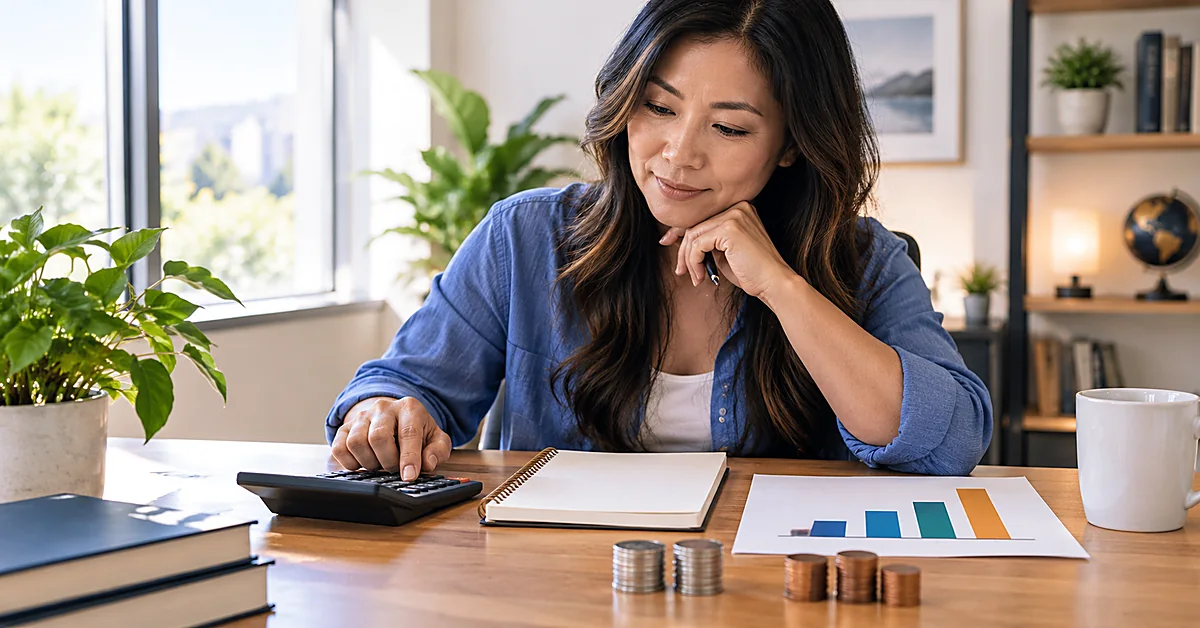 Asian woman using a calculator beside financial charts and coin stacks while reviewing advertising costs and break-even calculations.