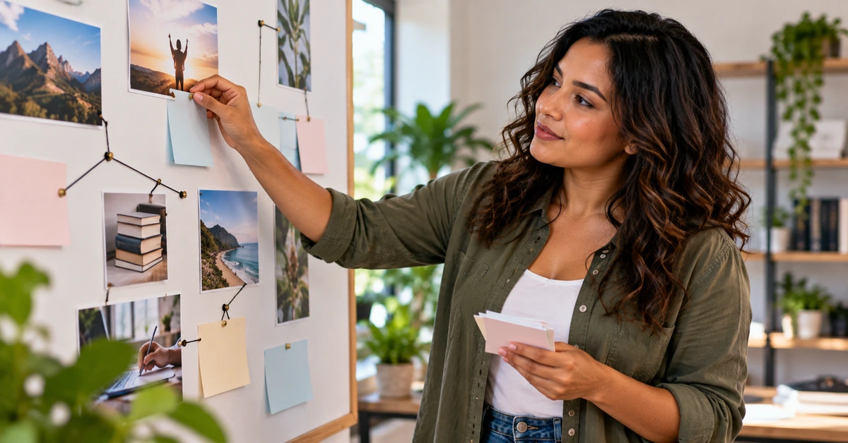 Woman planning a content-driven affiliate marketing business using a visual strategy board.