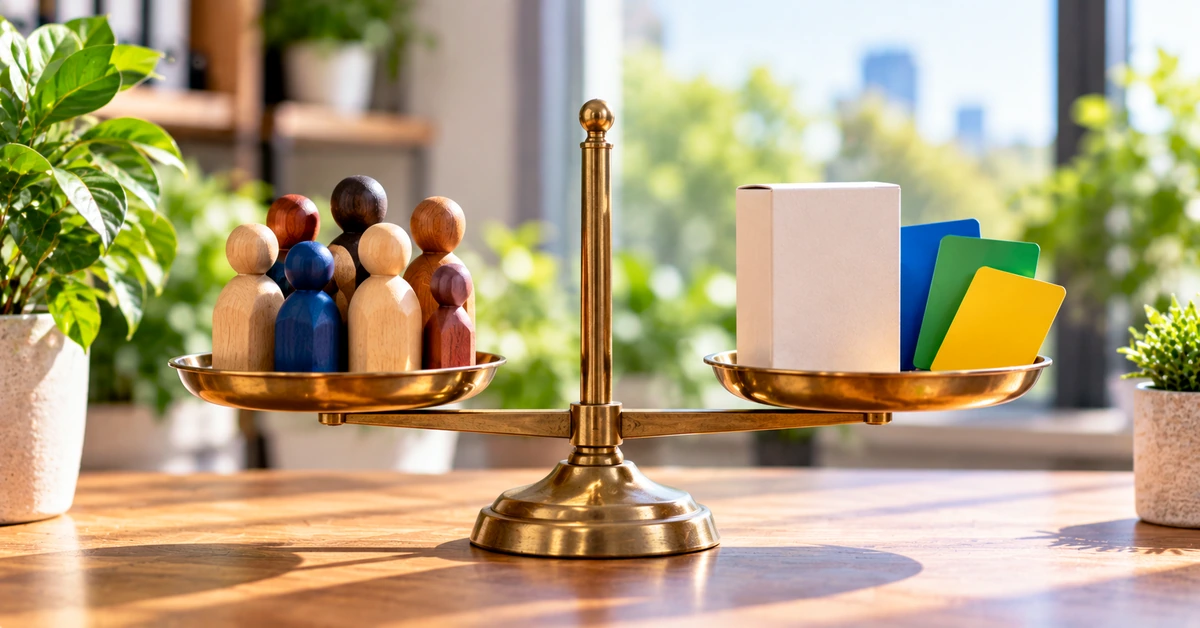 Balanced scale with audience figures and a product package representing strong affiliate offer audience fit