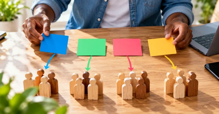 Affiliate marketer matching different offers to audience groups using color-coded cards and wooden figures