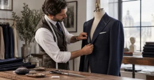 Tailor carefully fitting a navy jacket on a dress form, illustrating how an affiliate offer should fit the needs of its audience.