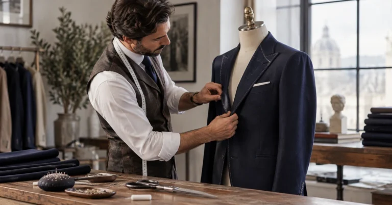 Tailor carefully fitting a navy jacket on a dress form, illustrating how an affiliate offer should fit the needs of its audience.