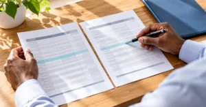 Hands comparing two financial statements with highlighted matching rows, illustrating affiliate payout reconciliation and bank deposit verification.
