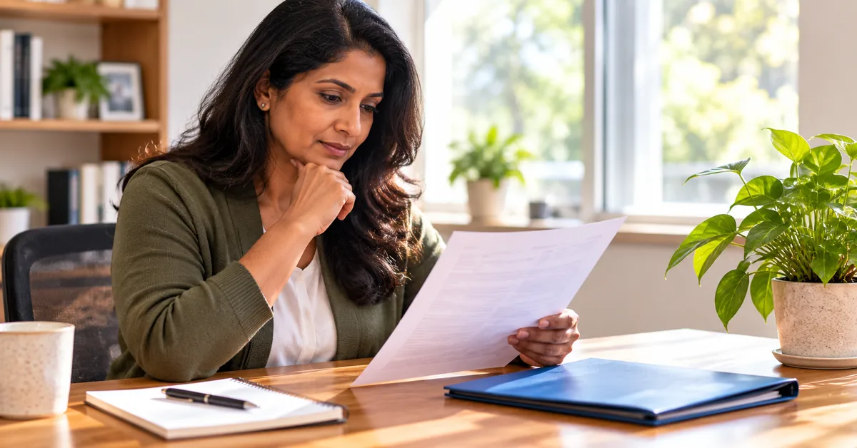 Woman reviewing a printed financial statement at a sunlit desk while checking business payment records.