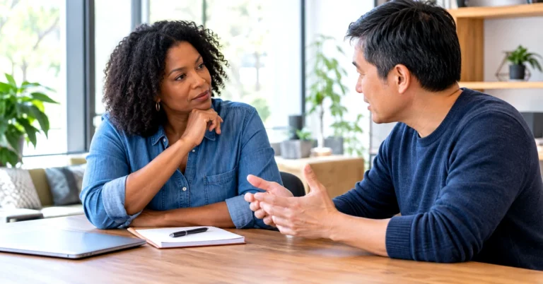 Woman listening attentively as a man discusses a concern across a table in a bright professional office.