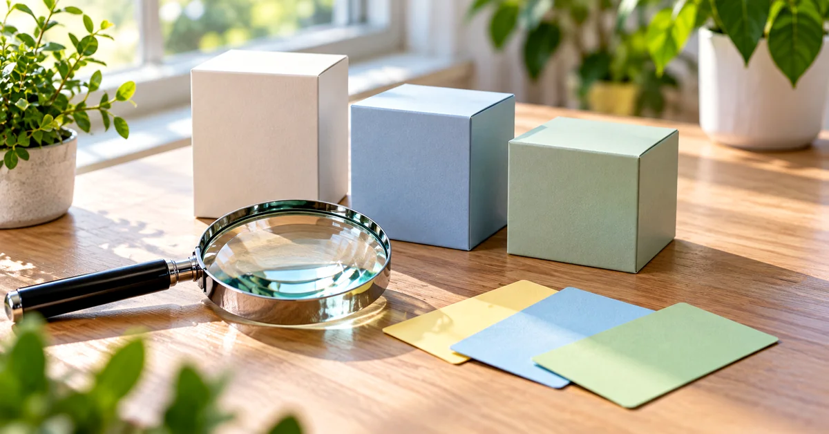 Magnifying glass beside three plain pastel product boxes and blank comparison cards on a sunlit wooden desk.