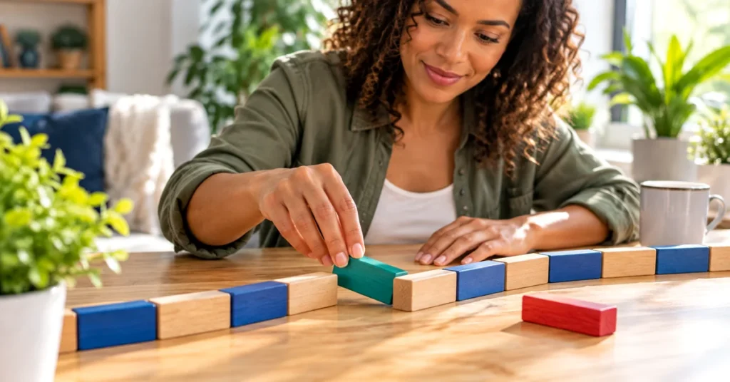 Woman placing a teal wooden block into a connected row of blue and natural wood blocks, with a red block set aside on a sunlit table.