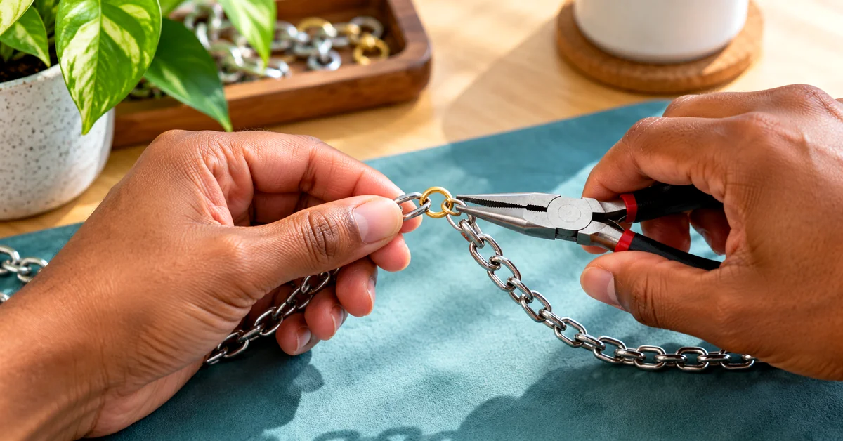 Hands using needle-nose pliers to reconnect silver chain links with a small gold ring on a teal work mat.
