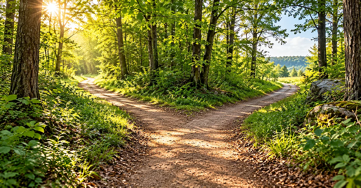 Sunlit forest trail dividing into two dirt paths beneath lush green trees, with golden morning light filtering through the leaves.