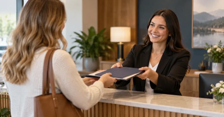 Reception professional handing a welcome folder to a visitor, illustrating a clear confirmation and next step after an email opt-in.