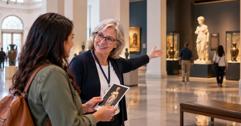 Museum guide directing a visitor toward the specific exhibit shown in her brochure, illustrating how traffic should lead to the most relevant destination.