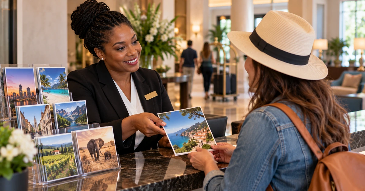 Concierge helping a traveler choose one specific destination from several options, illustrating how affiliate traffic should match visitor intent.