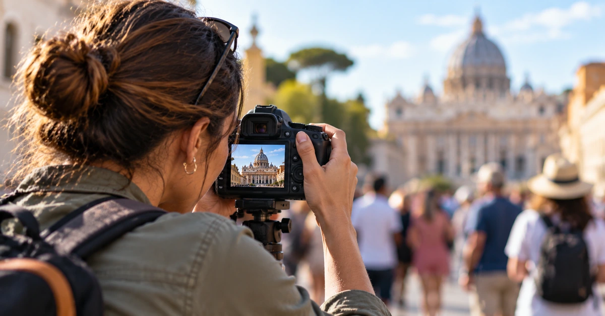 Photographer focusing on one specific landmark in a busy scene, illustrating how affiliate traffic should be directed to the most relevant destination.