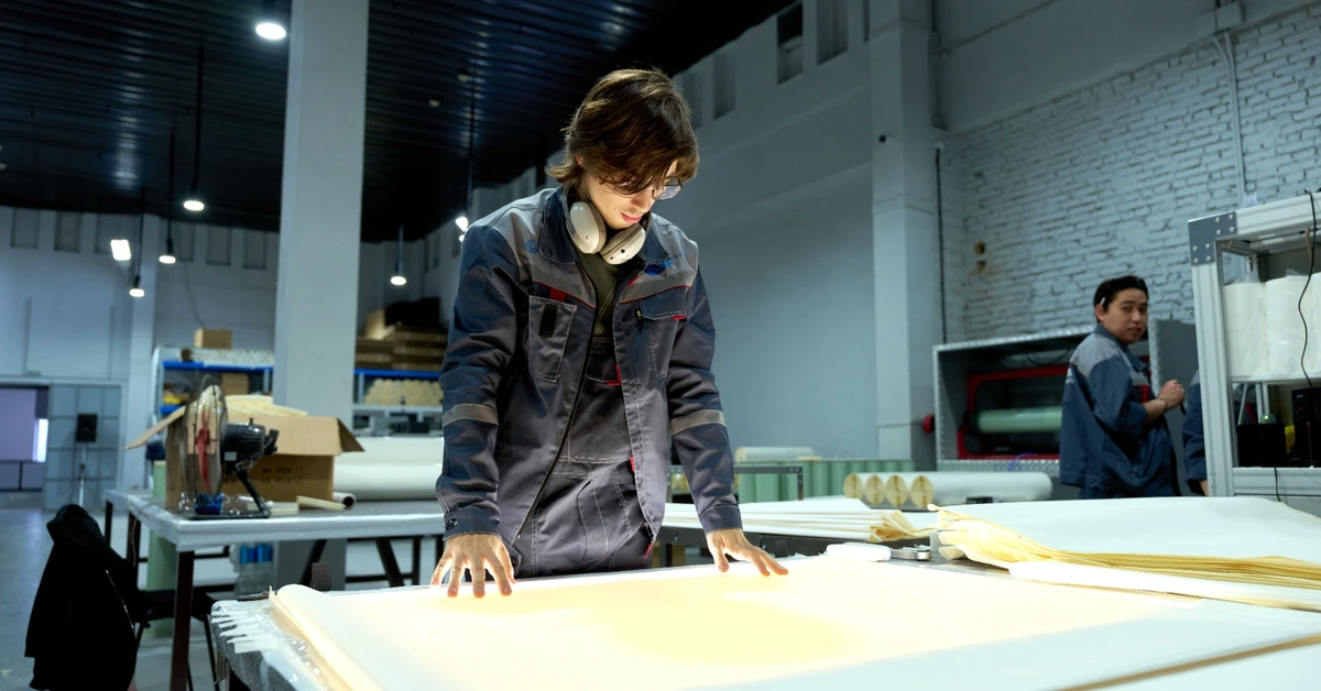 Factory worker inspecting sheet material on a production table, illustrating the need to evaluate affiliate traffic quality instead of relying on click volume alone.