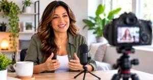 Woman presenting an online webinar in a bright home recording studio with a microphone and camera.