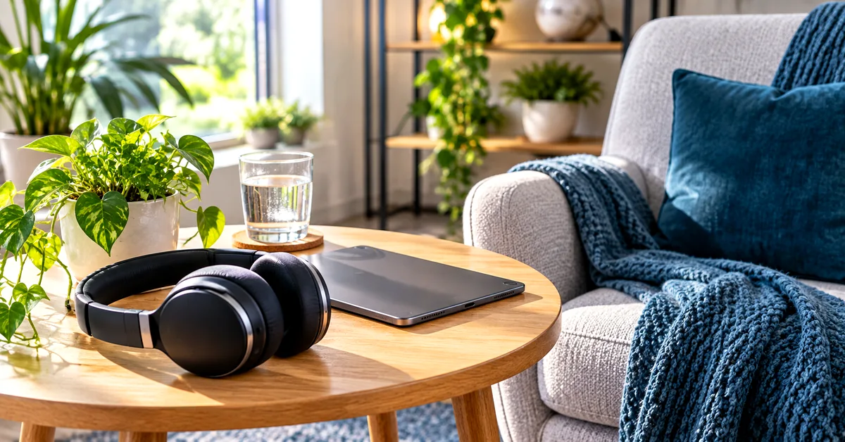 Wireless headphones and a tablet arranged in a bright home-office listening space with plants and a comfortable chair.