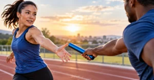 Relay runners passing a baton, illustrating how automated email follow-up continues the conversation from one message to the next.