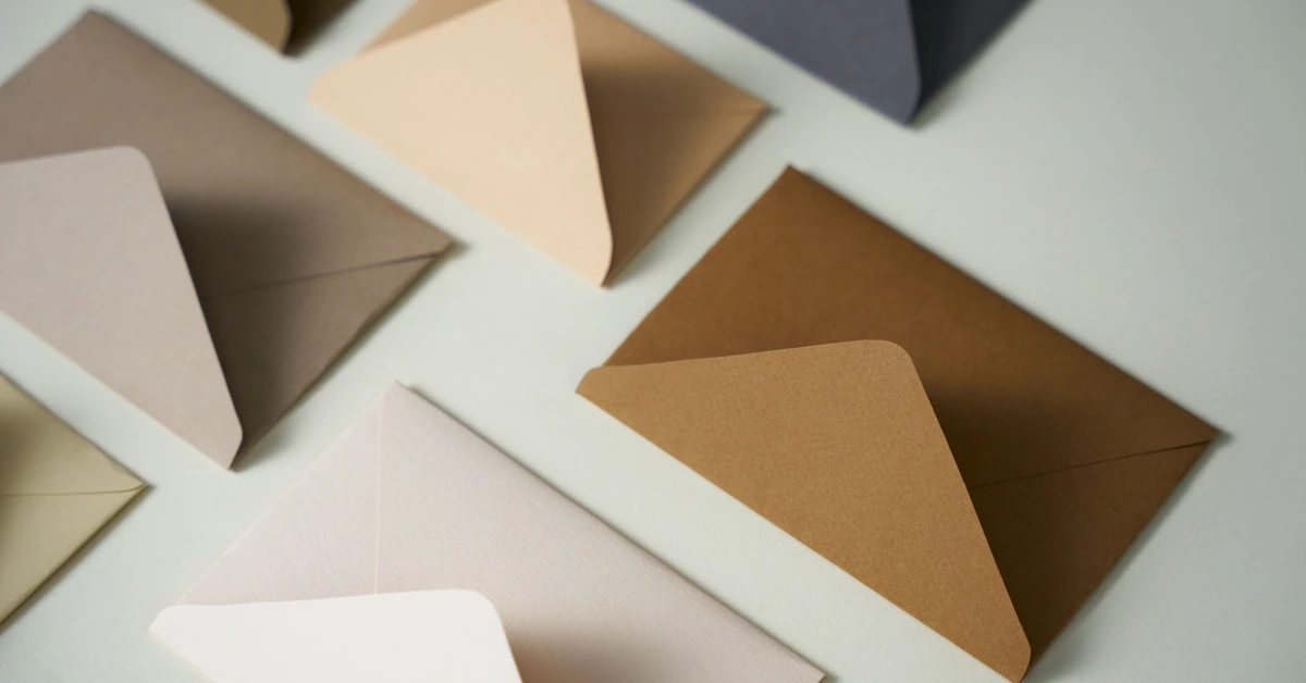 Multiple envelopes arranged on a table, representing email delivery and follow-up in a free-report funnel.