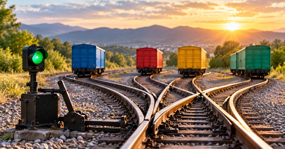 Railway switch directing colored train cars onto separate tracks, illustrating subscriber segmentation and different email follow-up journeys.