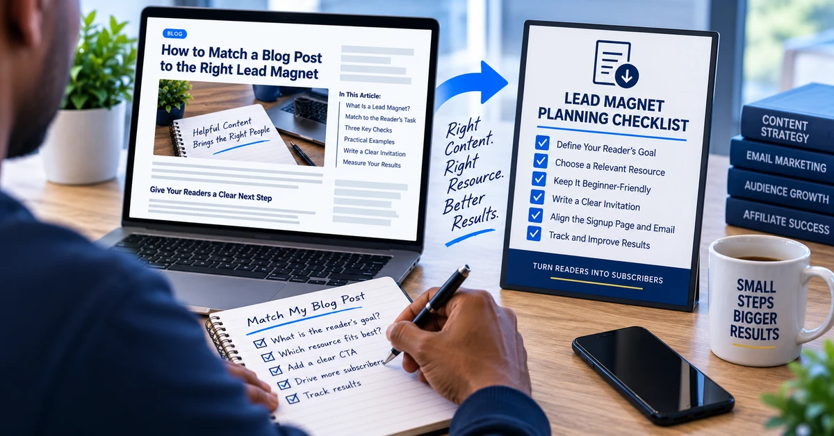 Person planning a blog post and matching lead magnet using a notebook beside a laptop and an example checklist.
