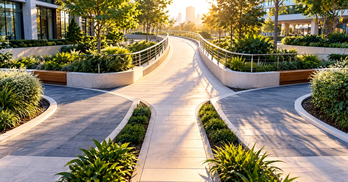 Three landscaped pedestrian pathways converging into one sunlit walkway, symbolizing multiple URL versions pointing toward a preferred canonical page.