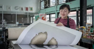 Woman working with printed artwork in a professional printmaking studio, illustrating how a blog can serve as an owned publishing asset within an affiliate marketing strategy.
