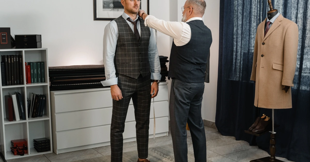 Tailor measuring a client for a custom fit, illustrating how useful affiliate content should understand a reader's needs before recommending a next step.