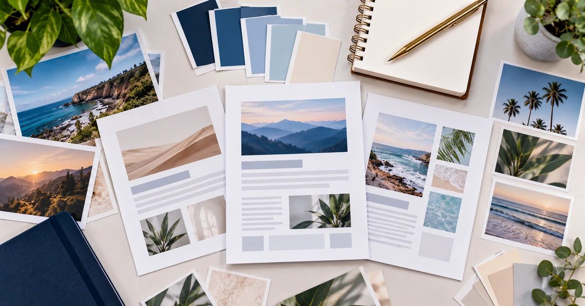 Editorial layouts, image references, and color swatches arranged to represent consistent content standards.