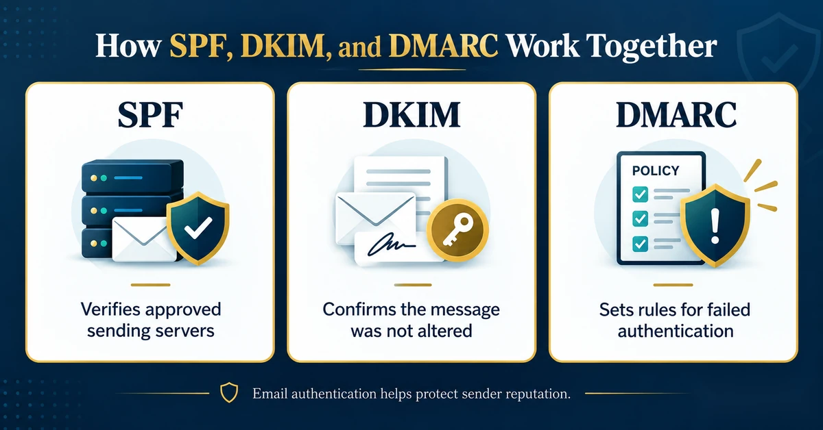 Three-panel infographic explaining SPF sender authorization, DKIM message signatures, and DMARC authentication policies. Copy alt text