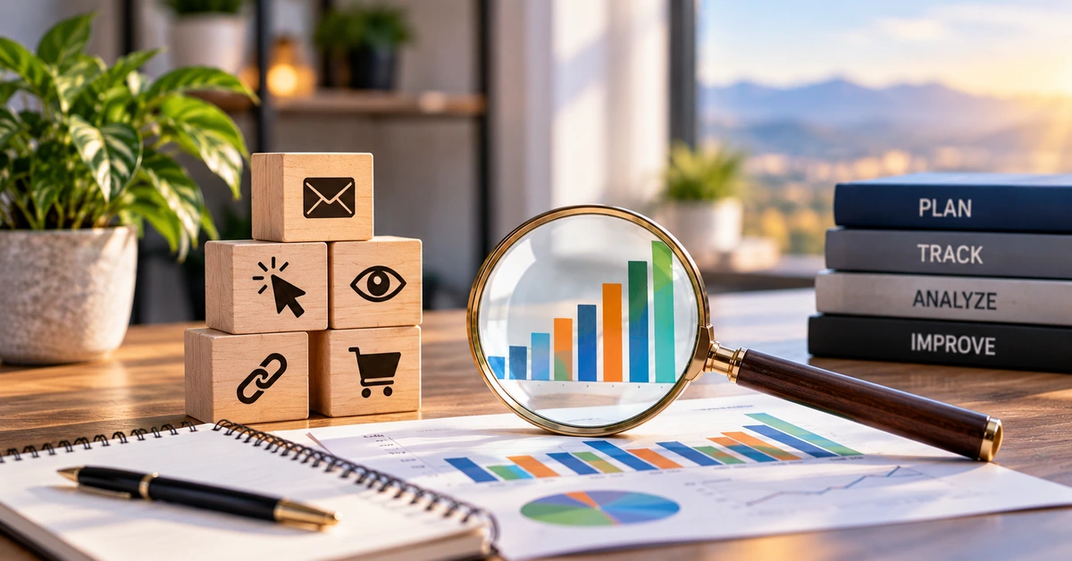 Magnifying glass over analytics charts with email, click, link, and shopping icons representing email click tracking analysis.