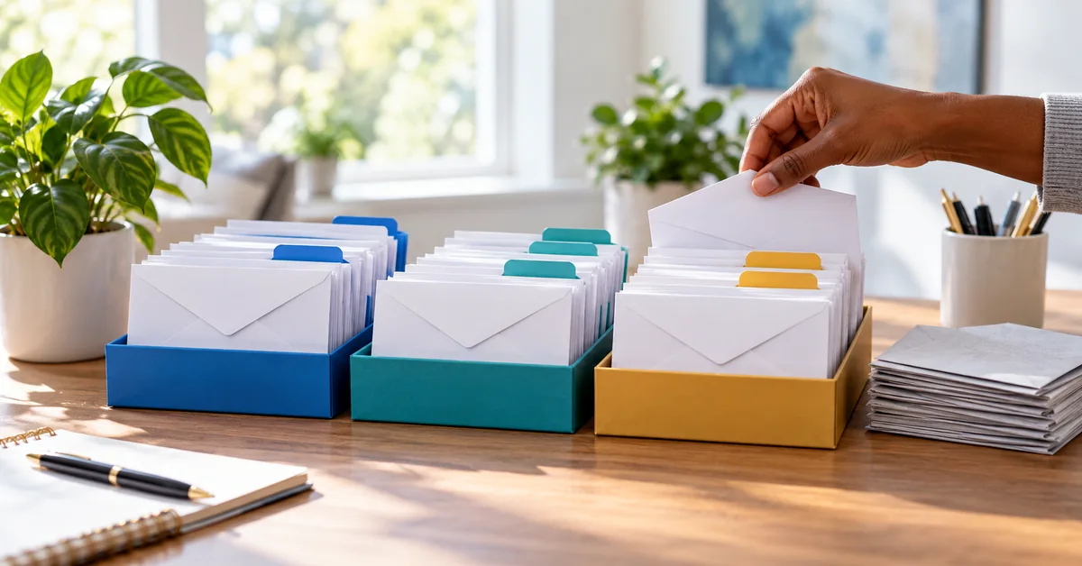 A hand organizing white envelopes into blue, teal, and gold trays, illustrating email list segmentation and subscriber management.