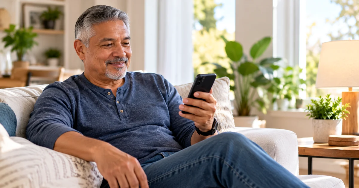 An older man smiling while reading his smartphone at home, illustrating engaged email subscribers.