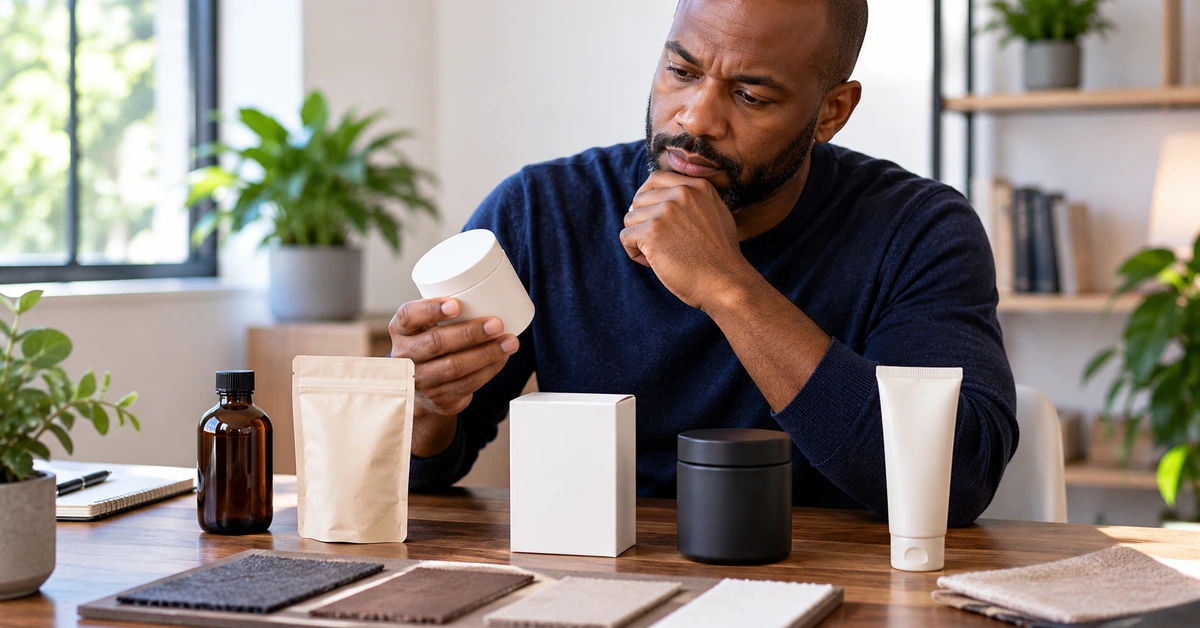 Man carefully evaluating several unlabeled product samples before deciding which one is the best fit.