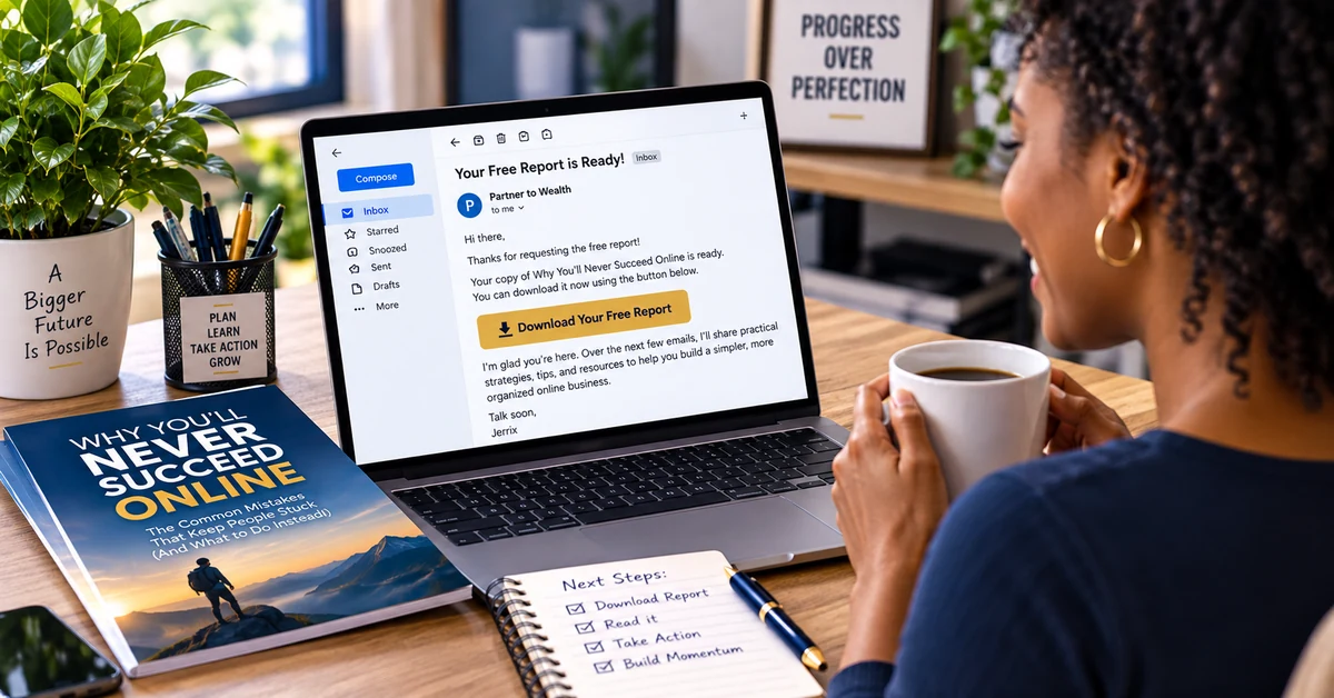Woman reading a welcome email that delivers a requested free report on a laptop in a bright home office.