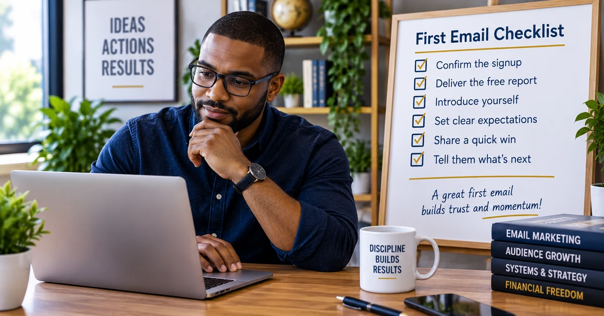 Man reviewing a first email checklist beside a laptop in a bright home office.