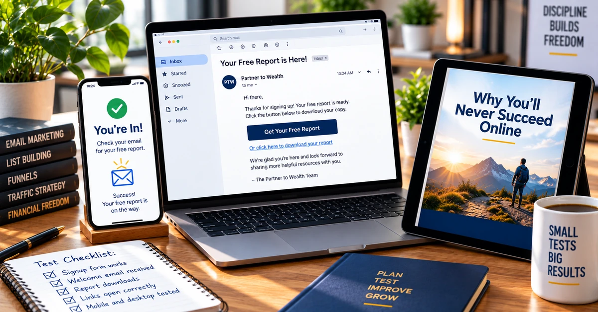 Laptop, smartphone, and tablet showing a tested free-report signup, delivery email, and report access workflow.