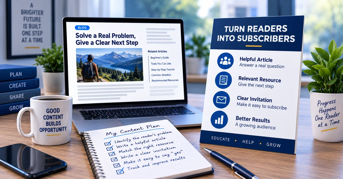 Content-planning workspace with a laptop, notebook, and display highlighting helpful articles, relevant resources, and clear signup invitations.