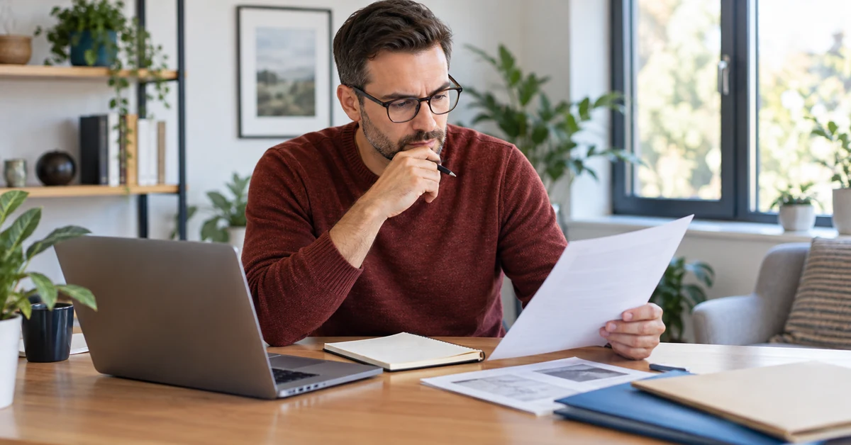 Man in a rust sweater reviewing documents at a desk with a laptop and folders while comparing training options.