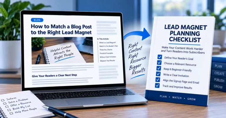 Blog article on a laptop connected by a blue arrow to an example lead magnet planning checklist.