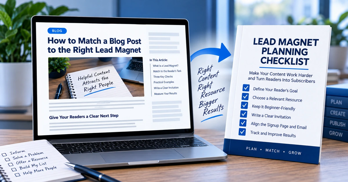Blog article on a laptop connected by a blue arrow to an example lead magnet planning checklist.