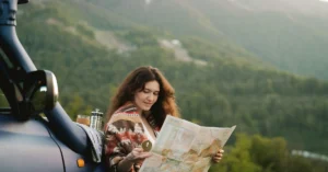 Woman using a map and compass beside a vehicle, representing finding clearer direction and structure in affiliate marketing