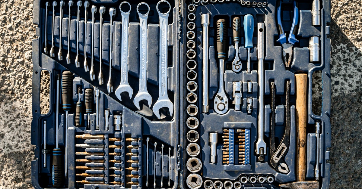 Organized toolbox with tools arranged in dedicated spaces, representing a structured affiliate marketing system