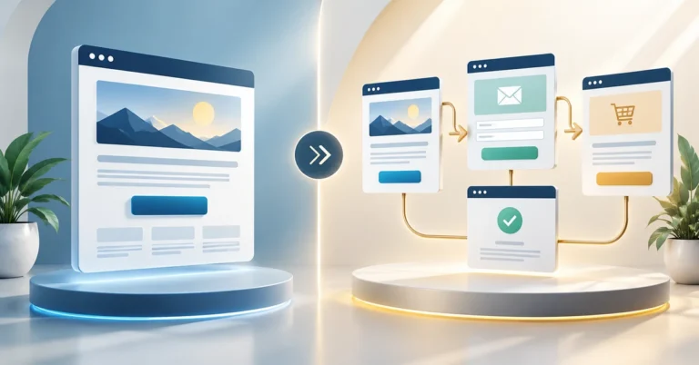 Conceptual comparison of a simple landing page and a connected multi-step marketing funnel.