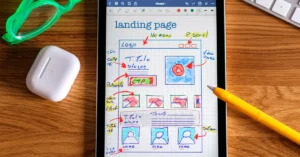 Tablet displaying a colorful hand-drawn landing page wireframe beside a yellow stylus and green eyeglasses on a wooden desk.