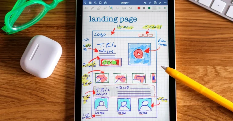 Tablet displaying a colorful hand-drawn landing page wireframe beside a yellow stylus and green eyeglasses on a wooden desk.