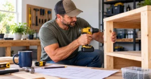 Man building a wooden shelving unit in a workshop, illustrating meaningful progress before a project reaches its final result.
