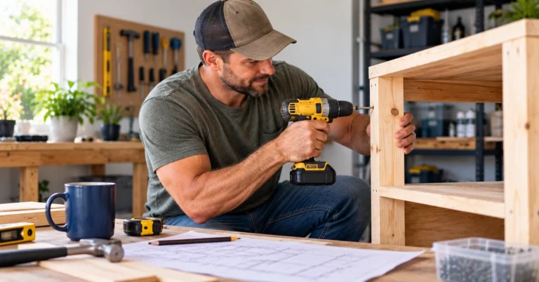 Man building a wooden shelving unit in a workshop, illustrating meaningful progress before a project reaches its final result.